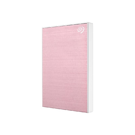 Disque dur externe rose clair, logo Seagate, bordure blanche.