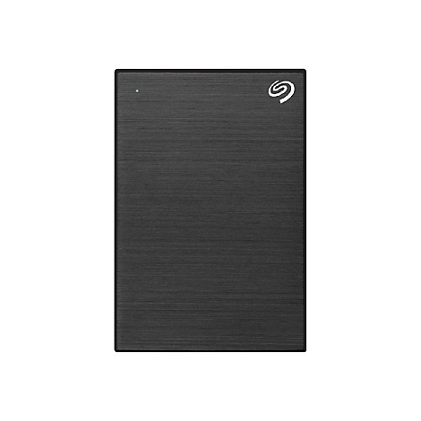Schwarze externe Festplatte mit Seagate Logo. Gehäuse mit feiner, horizontaler Struktur. Oben links ein kleines Licht.