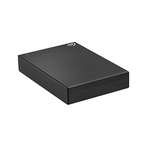 Schwarze externe Festplatte mit Seagate Logo. Gehäuse mit gebürsteter Metalloptik.