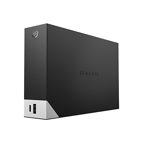 Schwarze externe Festplatte mit Seagate-Logo und Anschlüssen. Silberne Akzente.