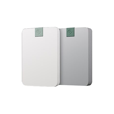 Deux disques durs externes rectangulaires, un blanc, un gris. Les deux ont un rectangle vert avec un logo.
