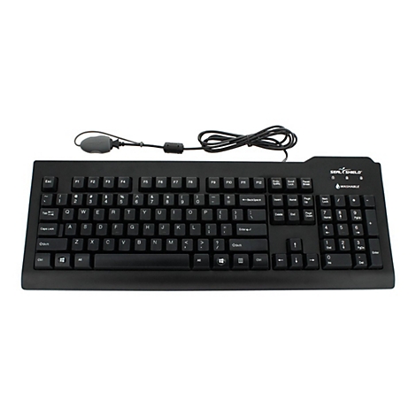 Schwarze Tastatur mit Kabel. Oben rechts steht Seal Shield.