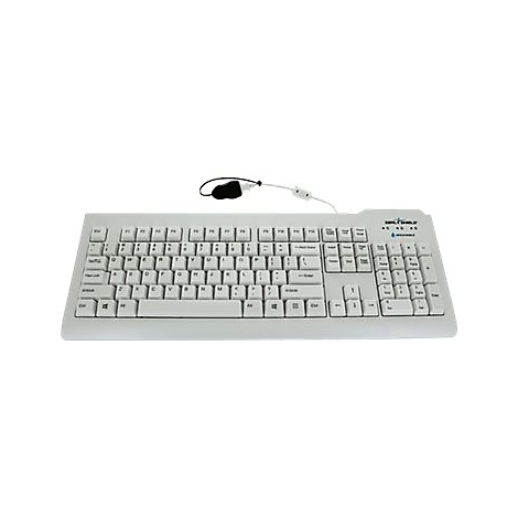 Helle Computertastatur mit Kabel, schwarzer Handgelenkschlaufe und Logo.