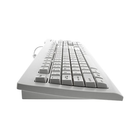 Graue Computertastatur, seitlich in Perspektive aufgenommen. Tastenbeschriftung ist zu erkennen. Kabelanschluss sichtbar.