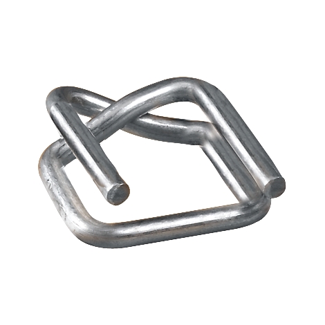 Close-up of a metal buckle, square with intertwined parts.