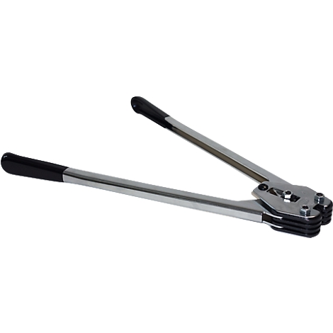 Handy tool for sealing packaging straps. The handles are black, the rest of the tool is silver.