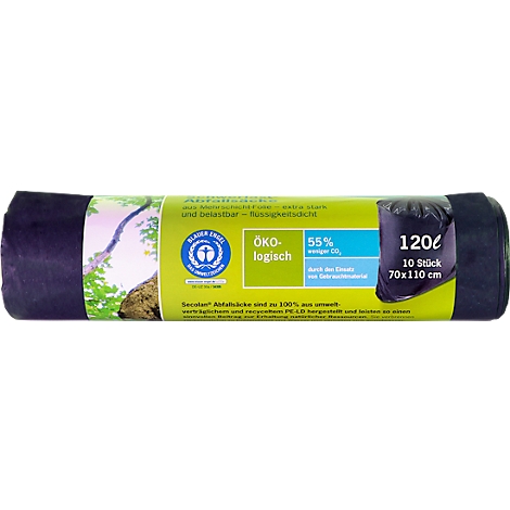 Roll of black garbage bags with prints and the Blue Angel label, 120l, 10 pieces.