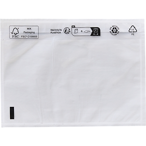Semi-transparante plastic verzendzak met FSC-certificering en recyclingsymbolen.