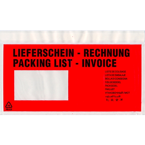 Red shipping pouch with print: Lieferschein - Rechnung, Packing List - Invoice.