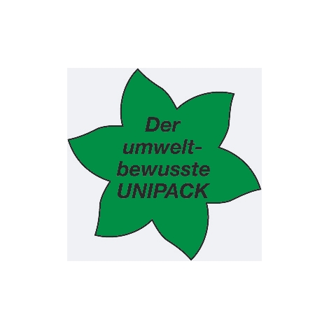 Groen, stervormig logo met tekst: De milieubewuste UNIPACK.