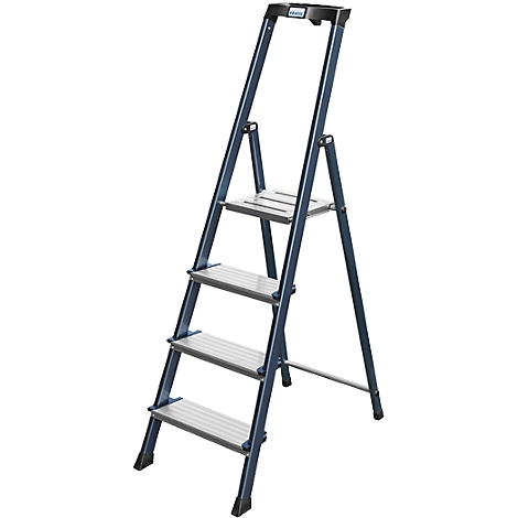 Blue-gray step stool ladder with four steps. The treads are ribbed.