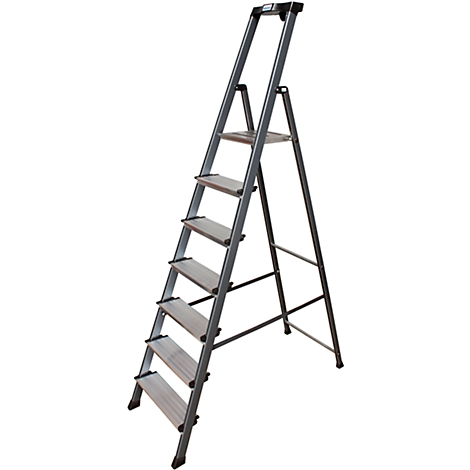 Gray step ladder with six steps, standing on a white background.