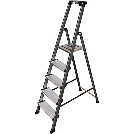 A grey stepladder with four steps. The ladder is made of metal and stands against a white background.
