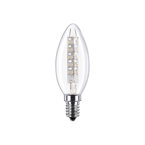 Transparente LED-Kerzenlampe mit E14-Sockel und sichtbaren LED-Elementen auf weißem Hintergrund.