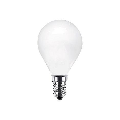 Tropfenförmige, matte LED-Glühbirne mit E14-Schraubsockel vor weißem Hintergrund.