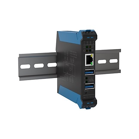 Industrieller Router mit blauen und schwarzen Elementen auf einer grauen Tragschiene. Das Gerät besitzt Anschlüsse und Anzeigen.