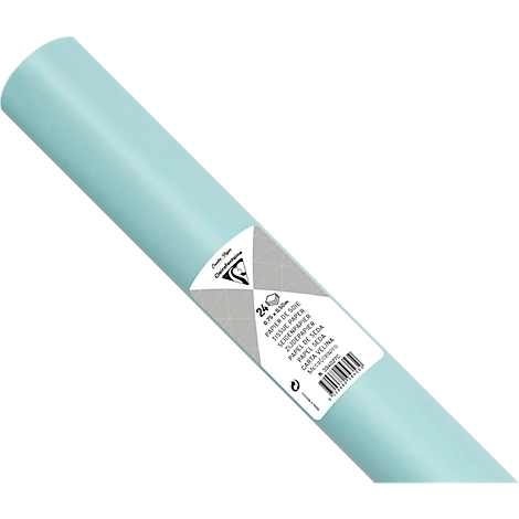 Rolle hellblaues Seidenpapier, diagonal von links unten nach rechts oben. Aufkleber mit Produktangaben.