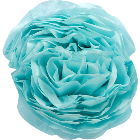 Hellblaue, gefaltete Papierblume mit zarten, wellenförmigen Blütenblättern.