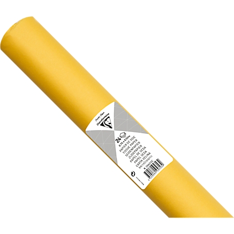 Gelbes Papier in Rolle mit Aufdruck. Auf der Rolle sind Produktinformationen in mehreren Sprachen zu sehen.