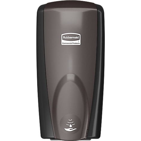 Dunkelbrauner, rechteckiger Seifenspender mit dem Logo "Rubbermaid Commercial Products". Unten ist ein Sensor mit Tropfen und Hand abgebildet.