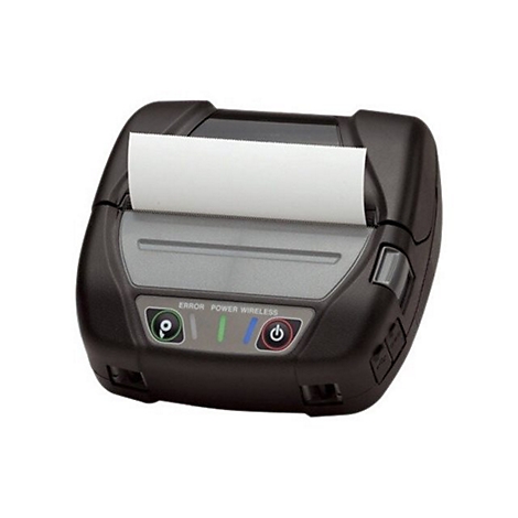 Schwarzer mobiler Drucker mit weißem Papierauswurf. Tasten für Fehler, Strom, Wireless und Ein/Aus.