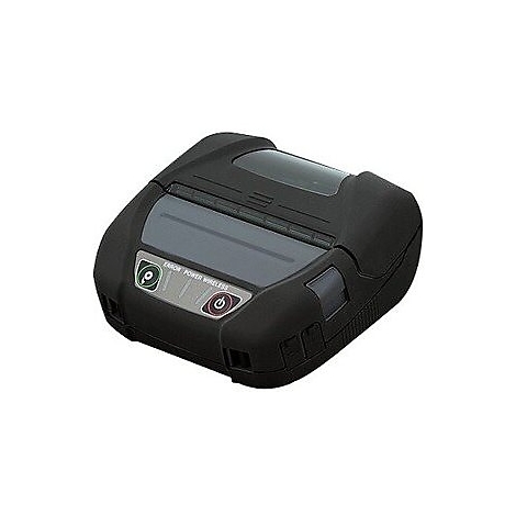 Schwarzer mobiler Drucker, leicht schräg von oben fotografiert. Mit Tasten: Power, Drucken, Epson Power Wireless.