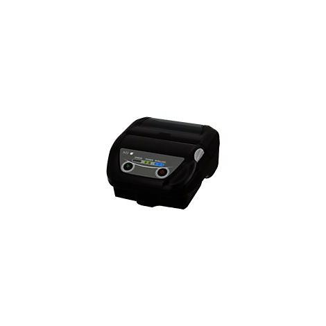 Schwarzer mobiler Bondrucker, Ansicht von vorne. Auf der Oberseite befinden sich Kontrollleuchten und zwei Knöpfe.