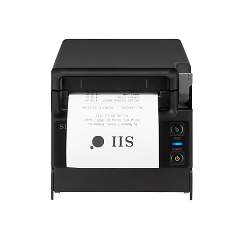 Ein schwarzer Bondrucker mit einem gedruckten Kassenbon. Auf dem Bon stehen Informationen wie Datum, Uhrzeit, Produktnamen und Preise.