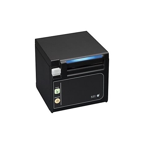 Schwarzer Drucker mit blauer Leuchte, Feed- und On/Off-Knopf. SII-Logo. Auf weißem Hintergrund.