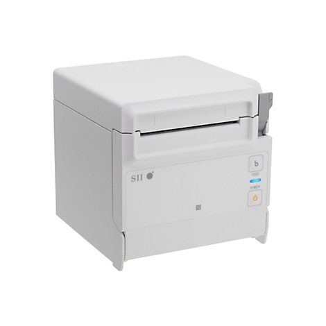 Weißer Thermodrucker, Frontansicht, „SII“-Logo, Tasten, blaue Power-Anzeige, NFC-Symbol.