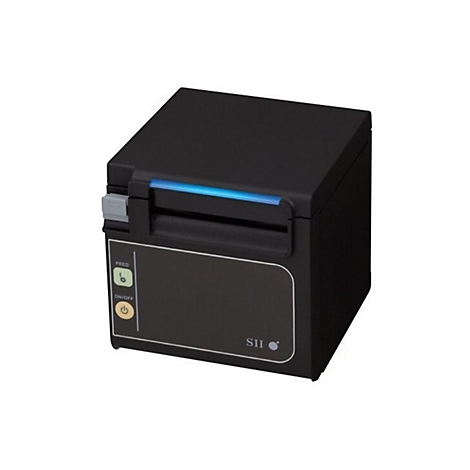 Schwarzer Drucker mit blauem Licht. Bedientasten 'Feed' und 'On/Off'. Logo 'SII'.