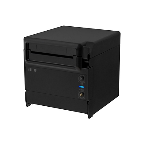Schwarzer Drucker mit "SII"-Logo, FEED- und POWER-Tasten. Blaue Power-Anzeige.