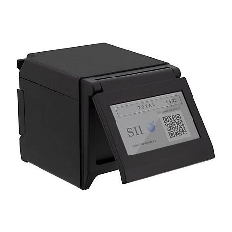 Schwarzes elektronisches GerÃ¤t mit Display, QR-Code und Logo.