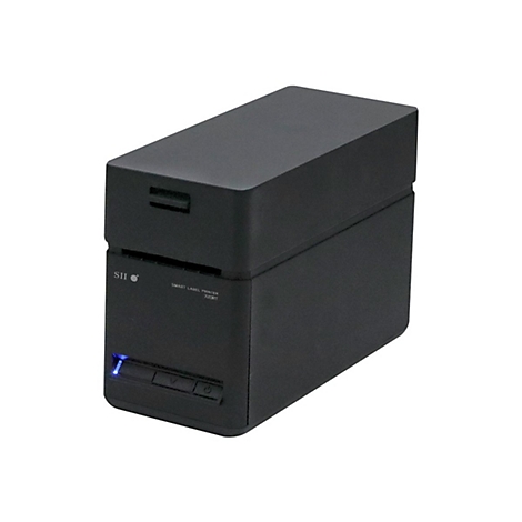 Schwarzer Etikettendrucker mit SII Logo und Bedienknöpfen. Blaue LED leuchtet am unteren Rand.