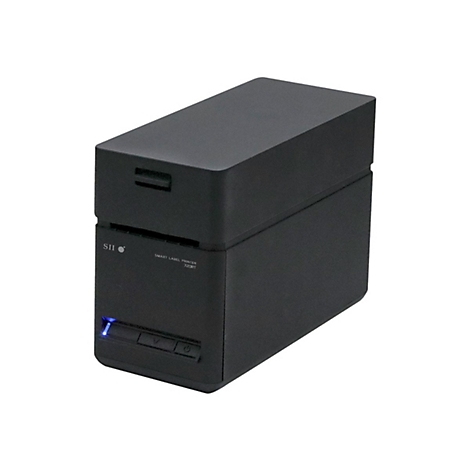 Schwarzer Etikettendrucker auf weißem Hintergrund. Aufdruck: Smart Label Printer 720RT. Blaue LED leuchtet unten.