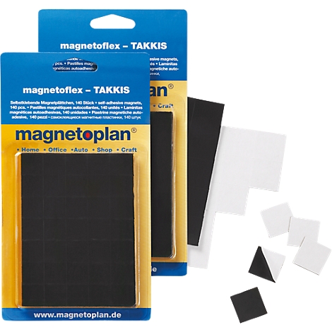 Kombination aus Magneten in Verpackung und einzeln. Schwarze und weisse, rechteckige Magnete mit Aufdruck 'magnetoplan'.