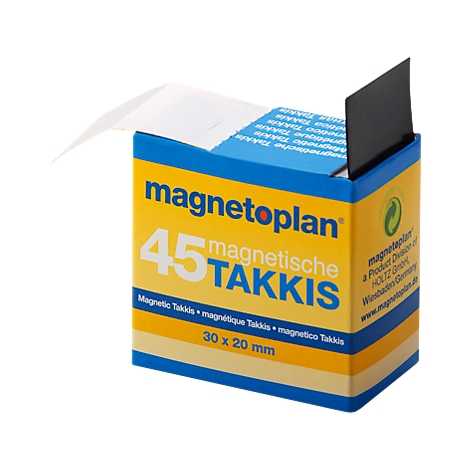 Gelb-blaue Schachtel mit Aufschrift magnetoplan. Auf der Schachtel steht '45 magnetische TAKKIS' und Angaben zu Grösse und Hersteller.