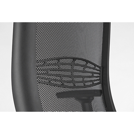 Detail shot of a black office chair. The chair has a mesh back, with a molded lumbar support.