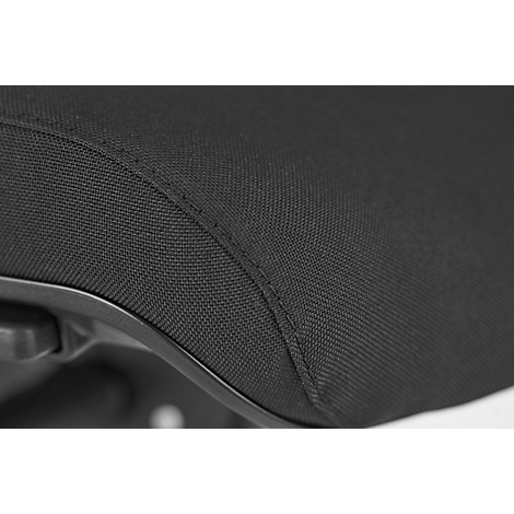 Close-up of a black chair seat with stitching details and black frame.