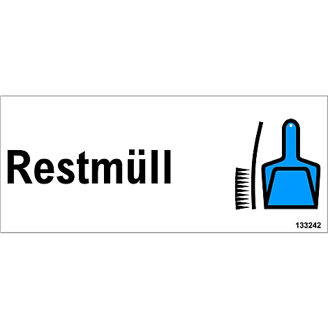 Rectangular sign with the word "Restmüll" (residual waste) and a blue dustpan with broom.