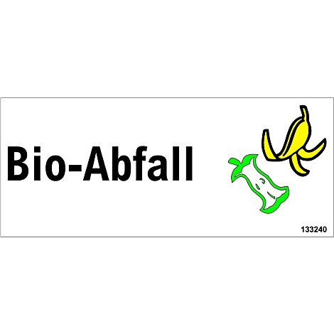 A rectangular sign with the words "Bio-Abfall". To the right is a yellow banana peel symbol and a green apple core symbol.