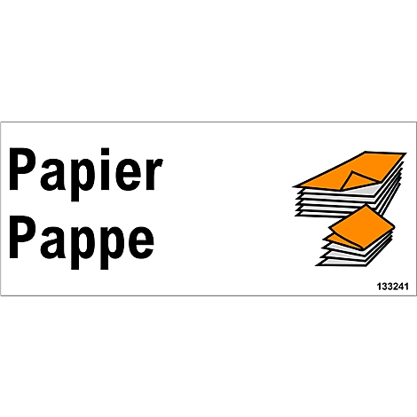 White rectangle with the words paper, cardboard and a graphic representation of papers. Orange sheets on the stack.