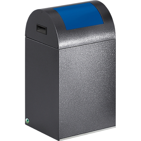 Dark grey trash can with blue lid, angular design, and handle. Minimalist, clean.