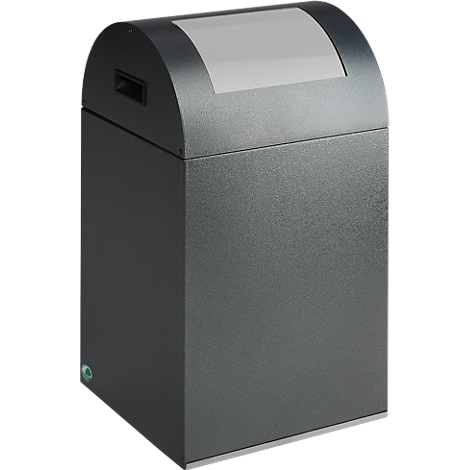 Black waste container with a rounded lid and viewing window. A small slot can be seen on one side.