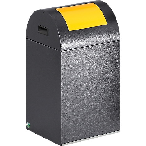 Black trash can with yellow lid. The container has a rounded top and a rectangular shape.