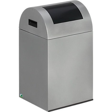 Gray trash can with black top and handle.