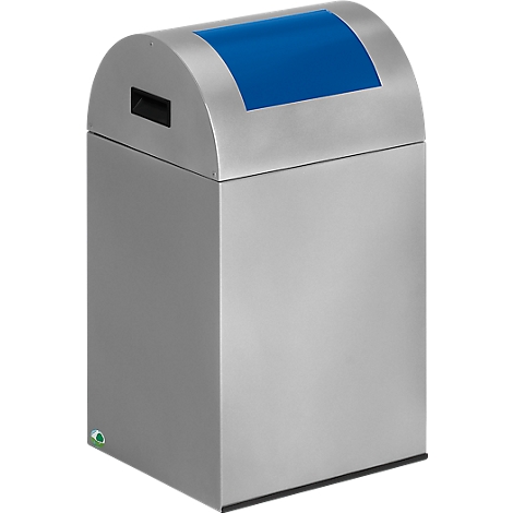 Stainless steel trash can with blue lid. The container has a rounded top shape and a black handle.