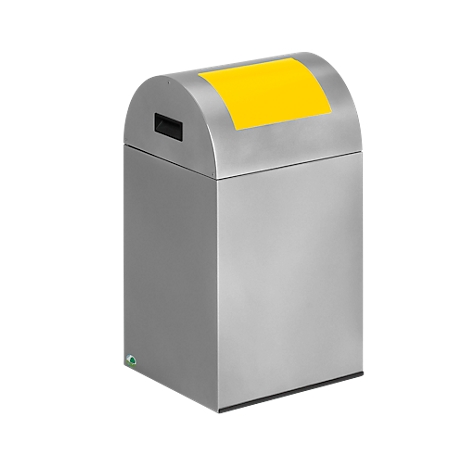 Stainless steel trash can with yellow lid. A simple, rectangular design, ideal for public spaces.