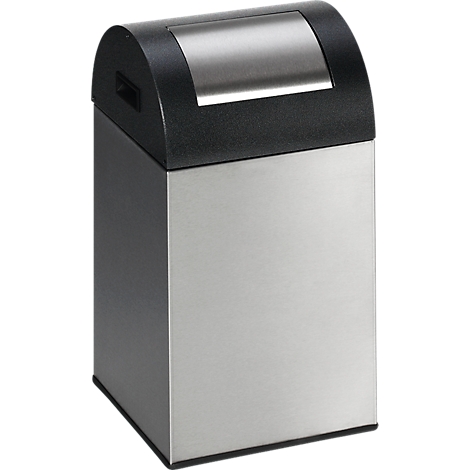 A rectangular, silver trash can with a black lid. An opening with a flap on top.