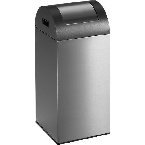 Stainless steel trash can, black lid with opening.